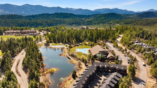 aerial view featuring a water and mountain view