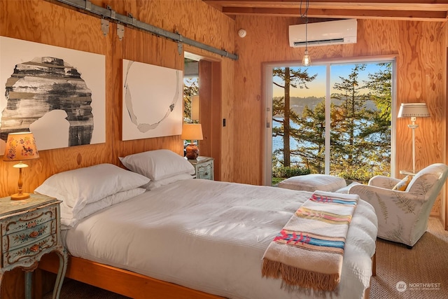 carpeted bedroom featuring multiple windows, wooden walls, and a wall unit AC