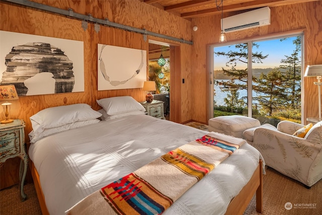 carpeted bedroom featuring a wall mounted AC and wooden walls