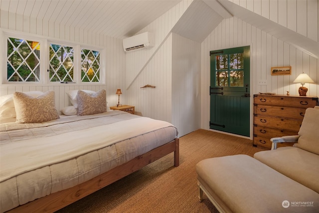 bedroom with light colored carpet, a wall mounted AC, vaulted ceiling, and wood walls