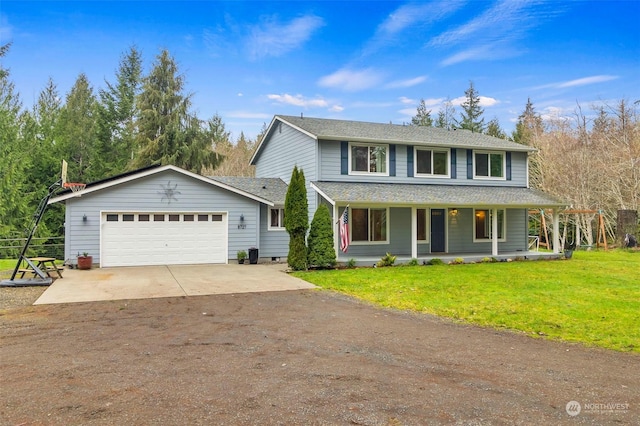 view of front of house with a front yard, covered porch, and a garage