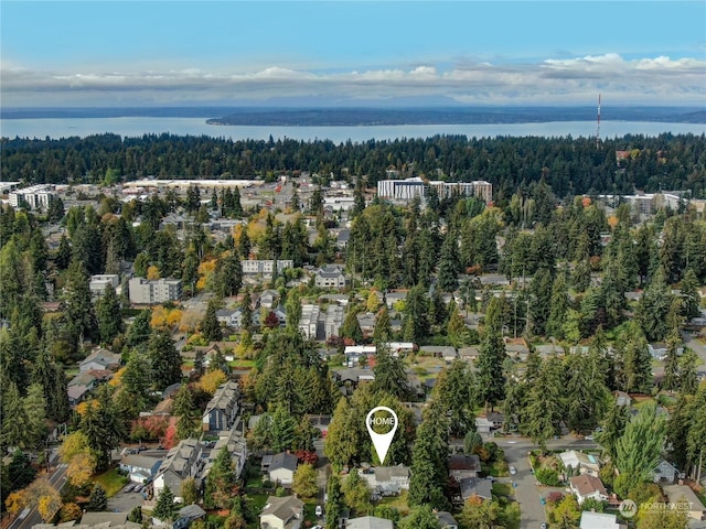 bird's eye view with a water view and a wooded view