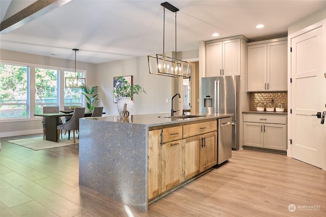 kitchen with sink, decorative light fixtures, a kitchen island with sink, and decorative backsplash