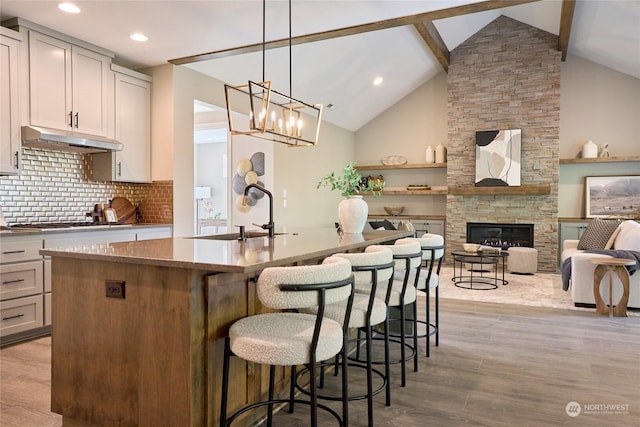 kitchen with decorative light fixtures, an island with sink, tasteful backsplash, a fireplace, and sink