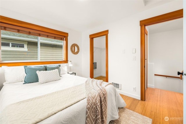 bedroom featuring a walk in closet, a closet, and wood-type flooring