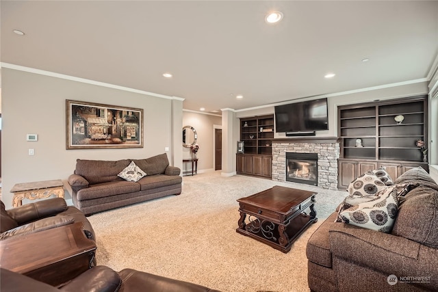 carpeted living room featuring crown molding and a stone fireplace