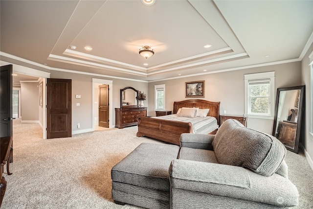 bedroom featuring baseboards, ornamental molding, carpet, a tray ceiling, and recessed lighting