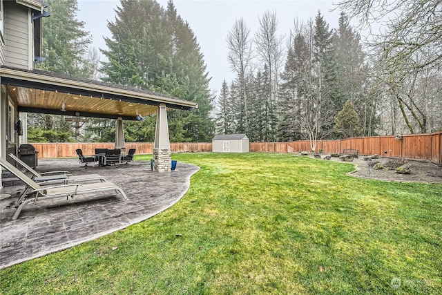 view of yard with a patio area and a shed