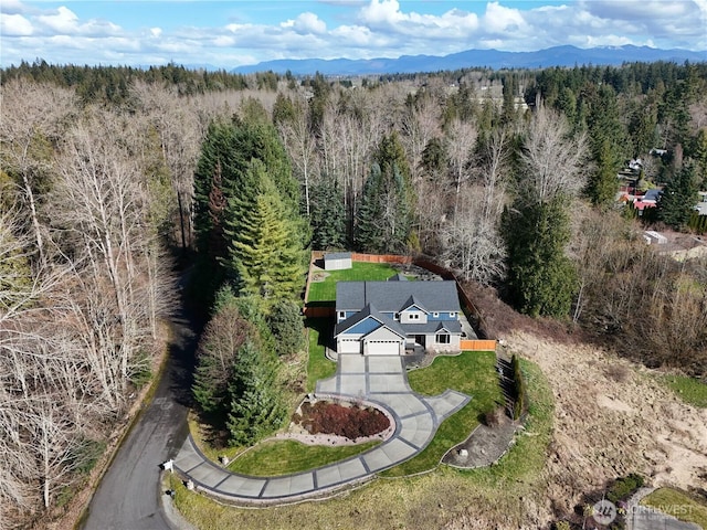 bird's eye view featuring a mountain view and a view of trees