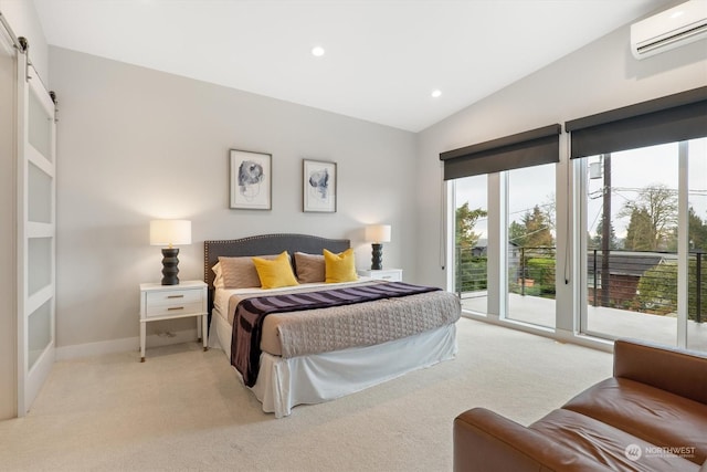 bedroom with access to exterior, a wall mounted air conditioner, vaulted ceiling, light carpet, and a barn door