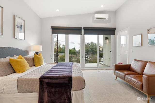 bedroom featuring lofted ceiling, carpet flooring, a wall mounted AC, and access to outside