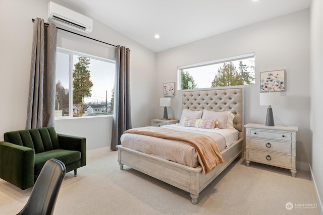 bedroom with light carpet and an AC wall unit