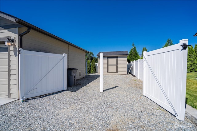 exterior space with a storage shed