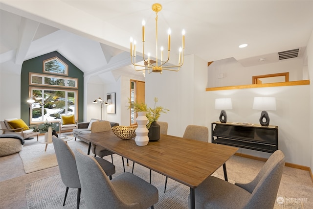 dining space with lofted ceiling with beams, light carpet, and a chandelier