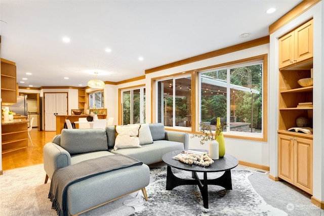 living room featuring ornamental molding and light wood-type flooring