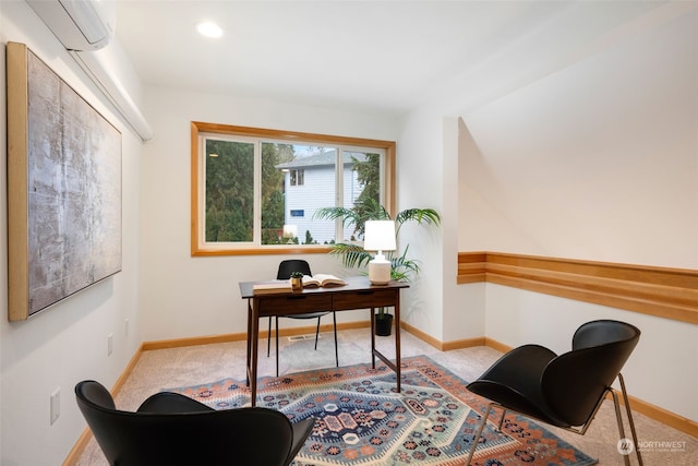 carpeted home office featuring a wall unit AC