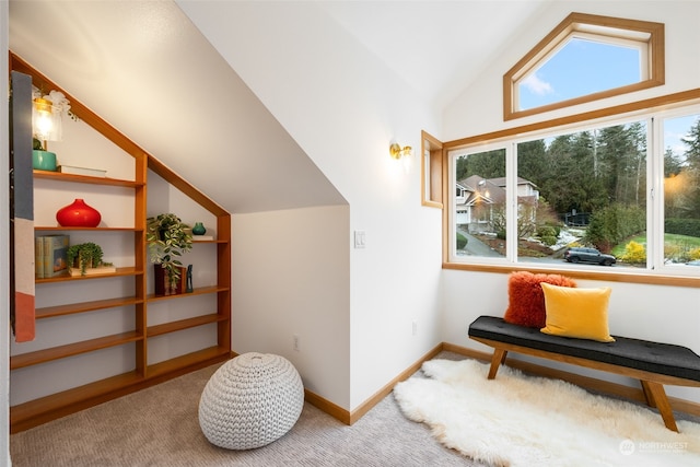 living area with light carpet and vaulted ceiling