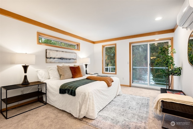 bedroom featuring ornamental molding, light carpet, access to outside, and a wall mounted AC