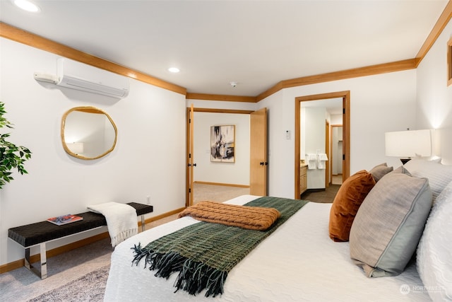 carpeted bedroom with connected bathroom, ornamental molding, and a wall mounted AC