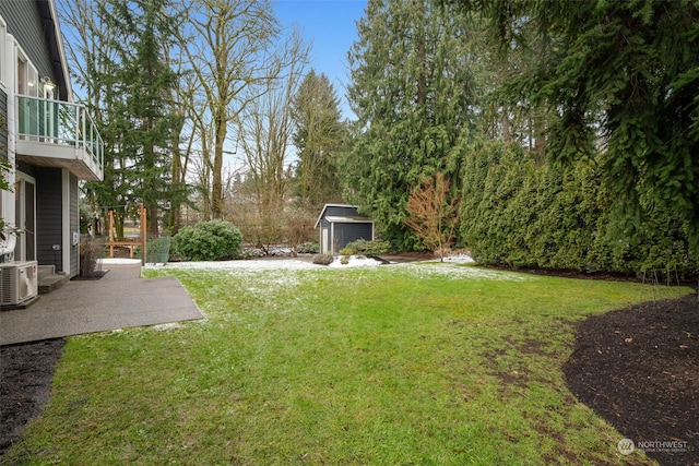 view of yard featuring a shed and a patio