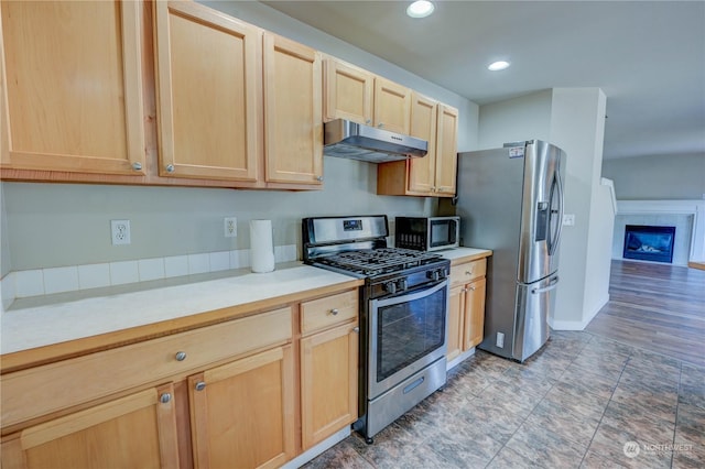 kitchen with light brown cabinetry and appliances with stainless steel finishes