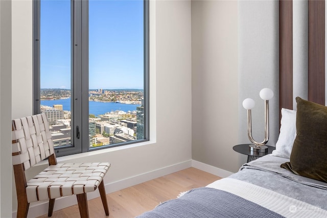 bedroom featuring light hardwood / wood-style flooring and a water view