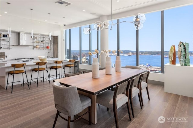 dining room with sink, a water view, and wood-type flooring