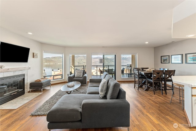 living room featuring a tile fireplace and light wood-type flooring