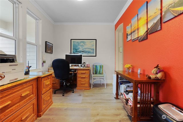 office area featuring light hardwood / wood-style floors and ornamental molding