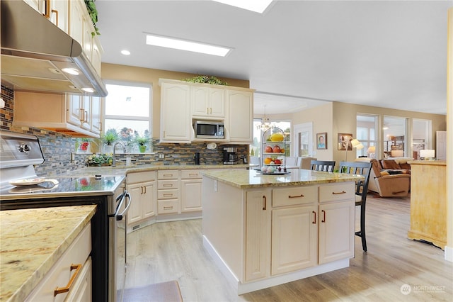 kitchen with a center island, backsplash, range with electric stovetop, stainless steel microwave, and light hardwood / wood-style flooring