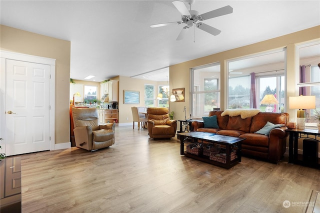 living room with ceiling fan and light wood-type flooring