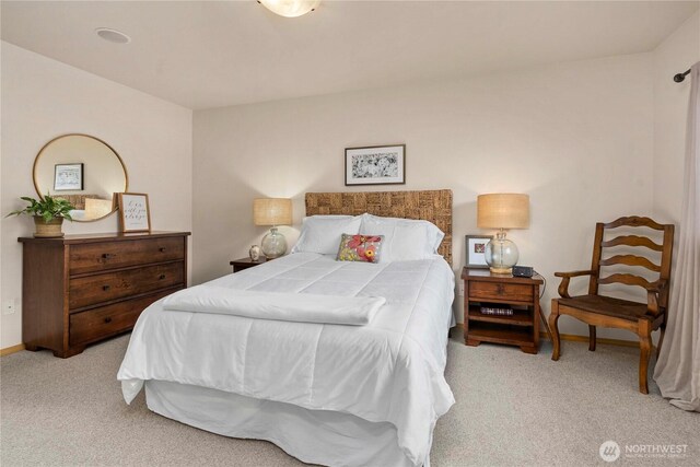 bedroom with baseboards and light carpet