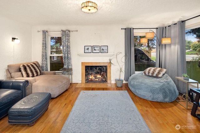 living area featuring wood-type flooring and a textured ceiling