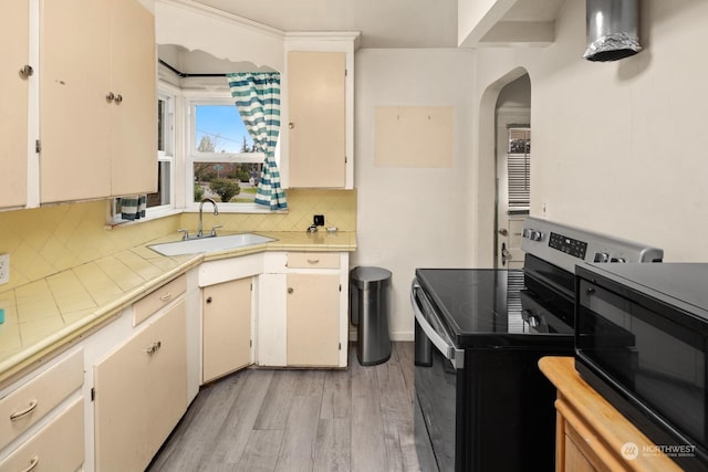 kitchen with sink, stainless steel electric range oven, light wood-type flooring, and decorative backsplash