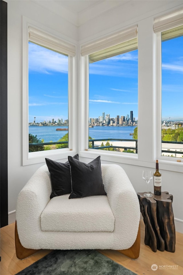 sitting room featuring hardwood / wood-style flooring and a water view