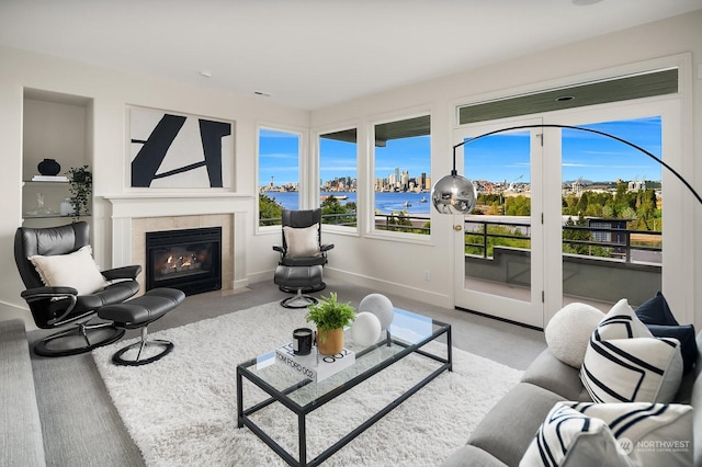 carpeted living room with a water view