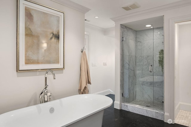 bathroom featuring crown molding and separate shower and tub