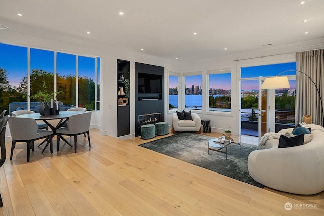 living room with light hardwood / wood-style floors and a water view