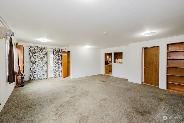 basement with built in features and carpet flooring