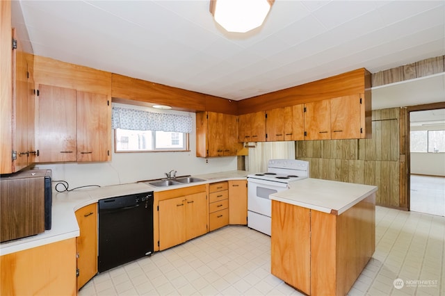 kitchen featuring sink, dishwasher, white electric stove, and kitchen peninsula