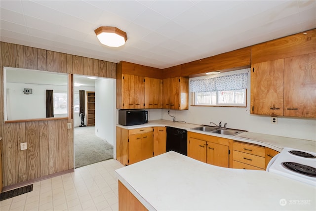 kitchen with black appliances, wood walls, light carpet, and sink