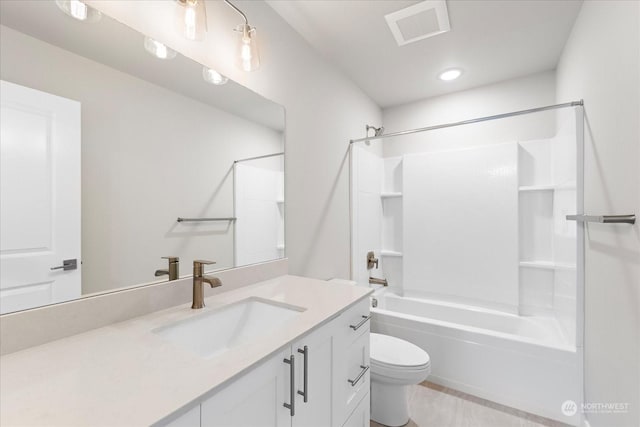 full bathroom with toilet,  shower combination, and vanity