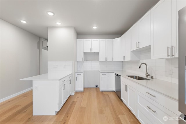 kitchen featuring white cabinets, sink, backsplash, stainless steel dishwasher, and light hardwood / wood-style flooring