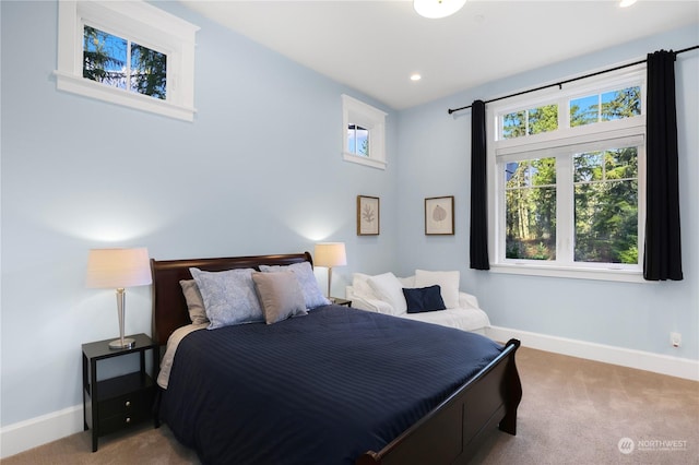 bedroom featuring multiple windows and light carpet