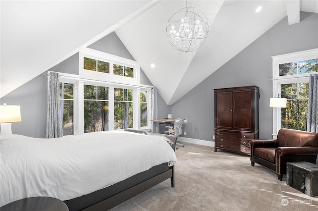 bedroom featuring a notable chandelier, vaulted ceiling, and light carpet