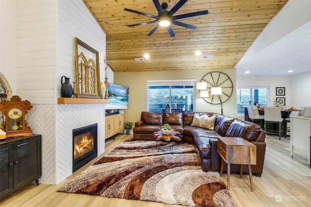 living room featuring lofted ceiling, wood ceiling, and light wood-type flooring