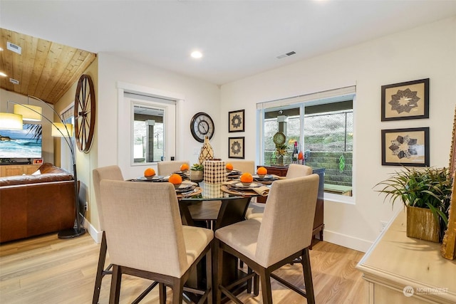 dining space featuring wooden ceiling and light wood-type flooring