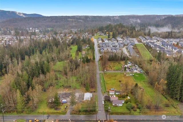 drone / aerial view featuring a mountain view