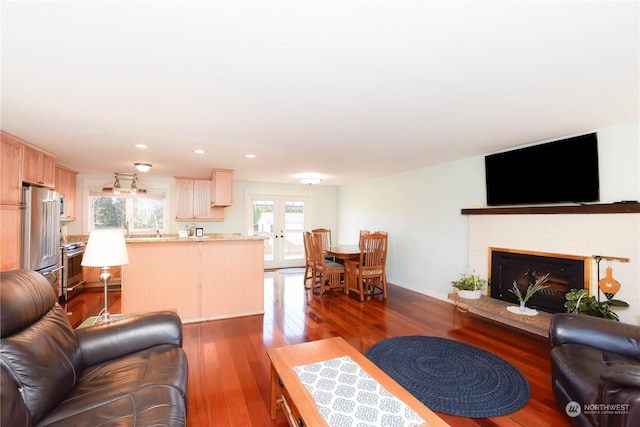 living room featuring a fireplace, french doors, and dark hardwood / wood-style floors