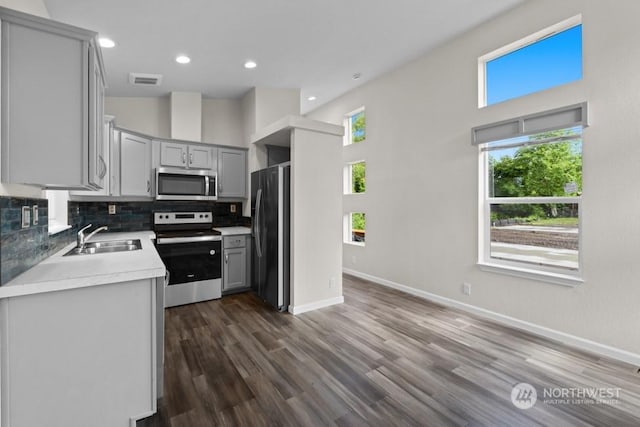 kitchen with appliances with stainless steel finishes, sink, gray cabinetry, and backsplash